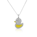 925 Sterling Silver Yellow Enamel White Clear CZ Duck Pendant Necklace, 18"