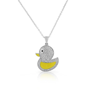 925 Sterling Silver Yellow Enamel White Clear CZ Duck Pendant Necklace, 18"