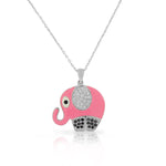 925 Sterling Silver Pink Enamel White Clear Black CZ Elephant Pendant Necklace, 18"