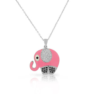 925 Sterling Silver Pink Enamel White Clear Black CZ Elephant Pendant Necklace, 18"