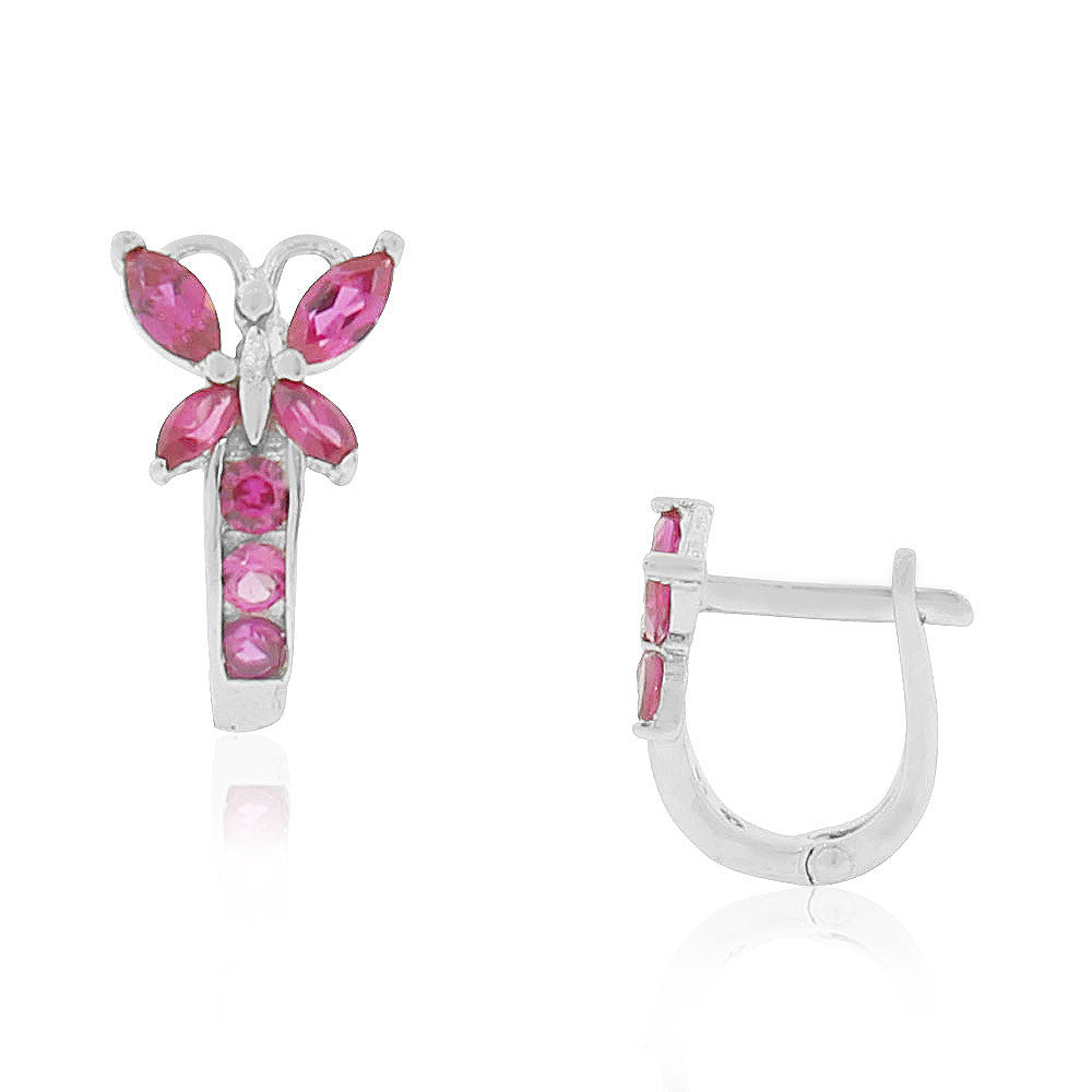 925 Sterling Silver Hot Pink CZ Butterfly Hoop Huggie Small Earrings 