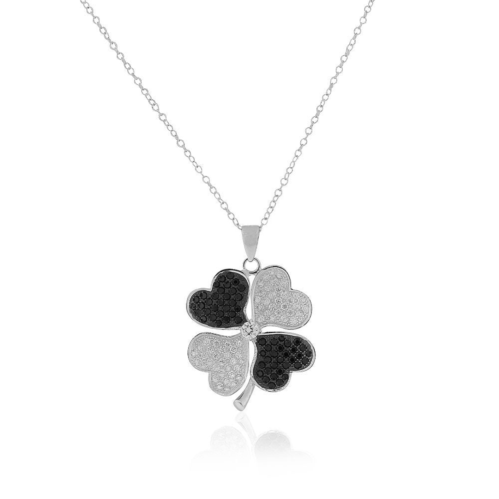 925 Sterling Silver White Clear Black CZ Clover Pendant Necklace, 18"