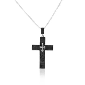 925 Sterling Silver Large Statement Black White CZ Fleur de Lis Religious Cross Pendant Necklace, 20"