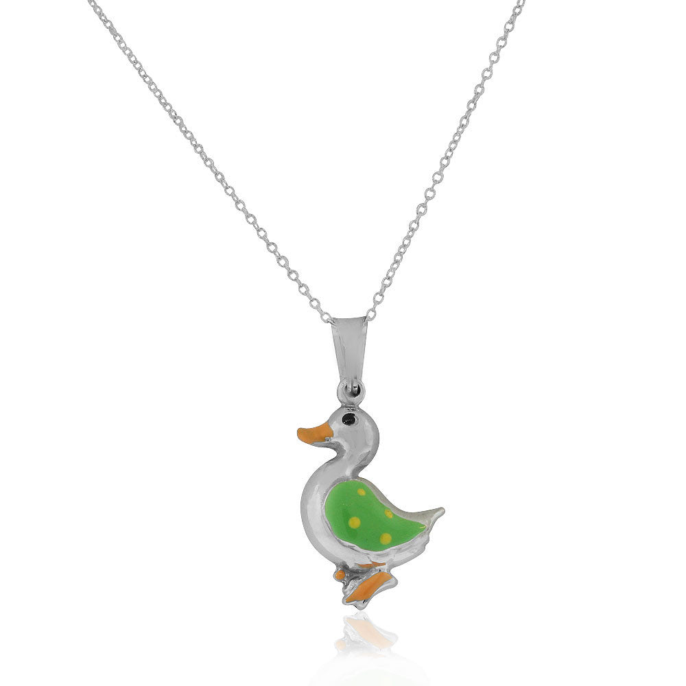 925 Sterling Silver 3D Green Enamel Duck Charm Pendant Necklace, 18"