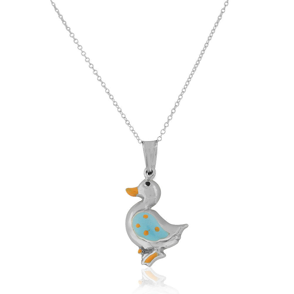 925 Sterling Silver 3D Blue Enamel Duck Charm Pendant Necklace, 18"