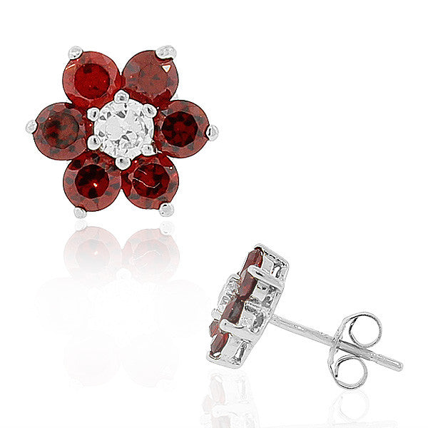 925 Sterling Silver Red CZ Womens Flower Floral Design Stud Earrings