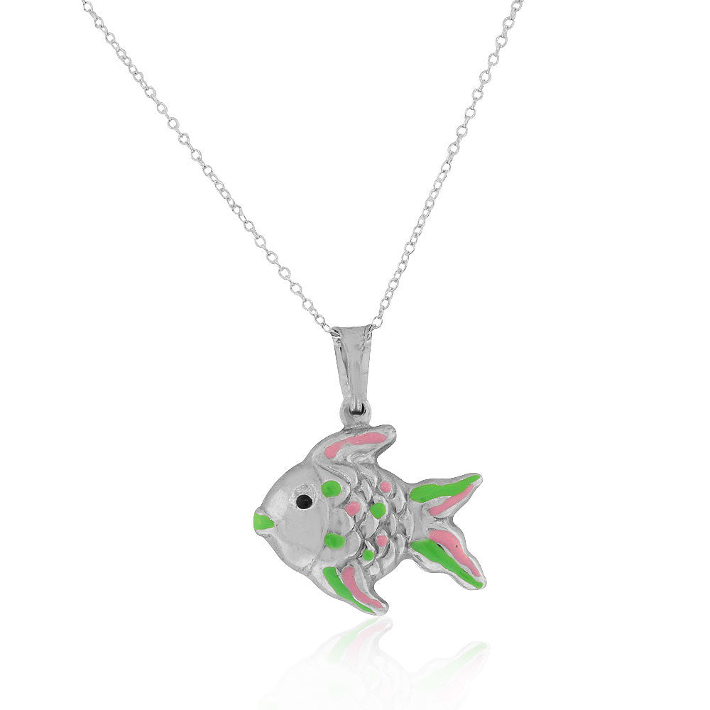 925 Sterling Silver 3D Pink Green Enamel Fish Charm Pendant Necklace, 18"