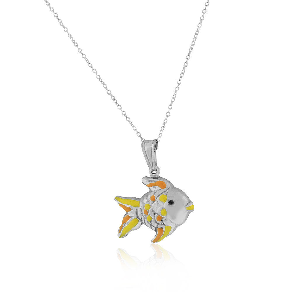 925 Sterling Silver 3D Orange Yellow Enamel Fish Charm Pendant Necklace, 18"