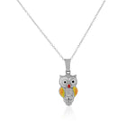 925 Sterling Silver 3D Orange Yellow Enamel Owl Charm Pendant Necklace, 18"