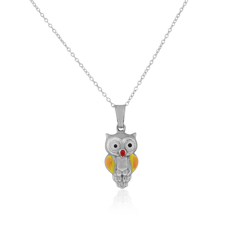 925 Sterling Silver 3D Orange Yellow Enamel Owl Charm Pendant Necklace, 18"