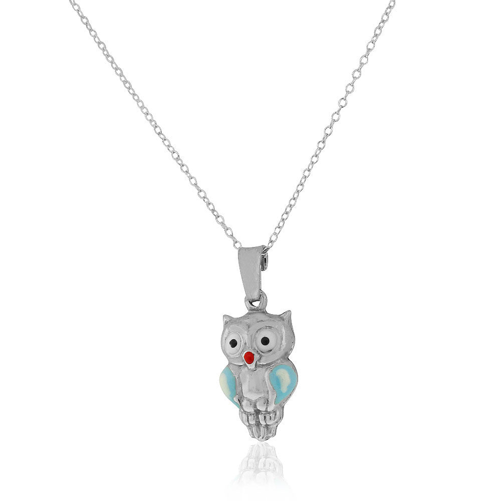 925 Sterling Silver 3D Blue White Enamel Owl Charm Pendant Necklace, 18"