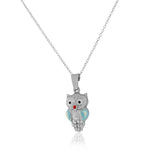 925 Sterling Silver 3D Blue White Enamel Owl Charm Pendant Necklace, 18"