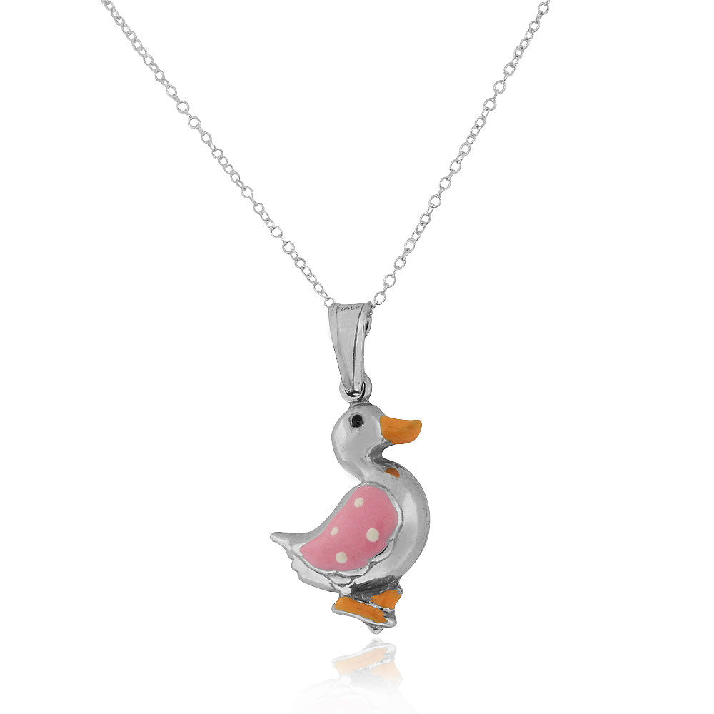 925 Sterling Silver 3D Pink Enamel Duck Charm Pendant Necklace, 18"