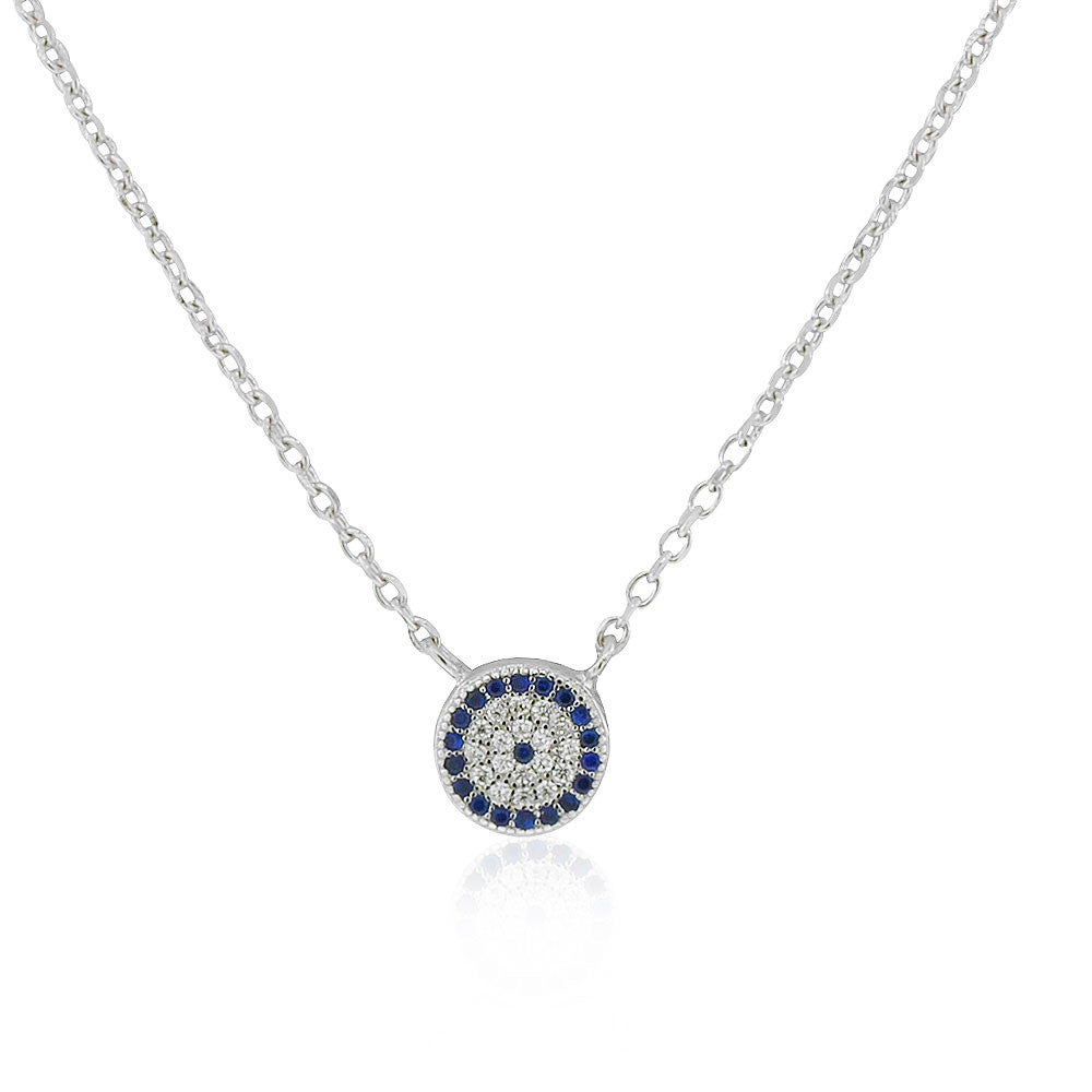 925 Sterling Silver White Blue CZ Round Evil Eye Protection Pendant Necklace, 18"