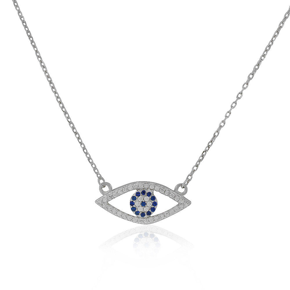 925 Sterling Silver Evil Eye Protection White Blue CZ Pendant Necklace, 18"