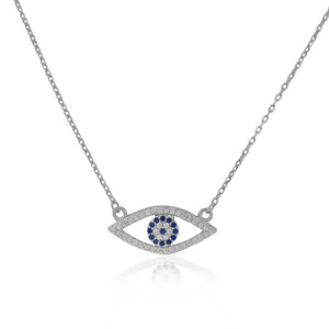 925 Sterling Silver Evil Eye Protection White Blue CZ Pendant Necklace, 18"