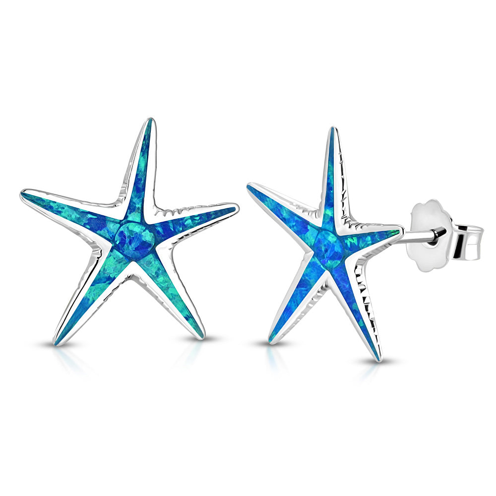 925 Sterling Silver Simulated Blue Opal Starfish Stud Earrings