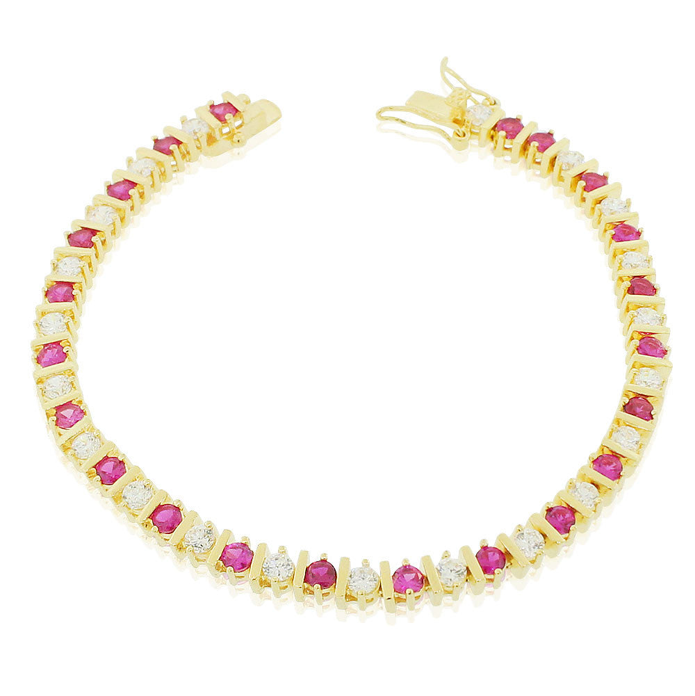 925 Sterling Silver Yellow Gold-Tone Clear Red Ruby-Tone Round CZ Tennis Bracelet, 7"