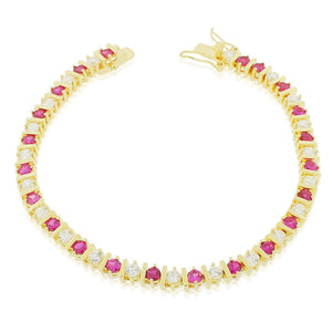 925 Sterling Silver Yellow Gold-Tone Clear Red Ruby-Tone Round CZ Tennis Bracelet, 7"
