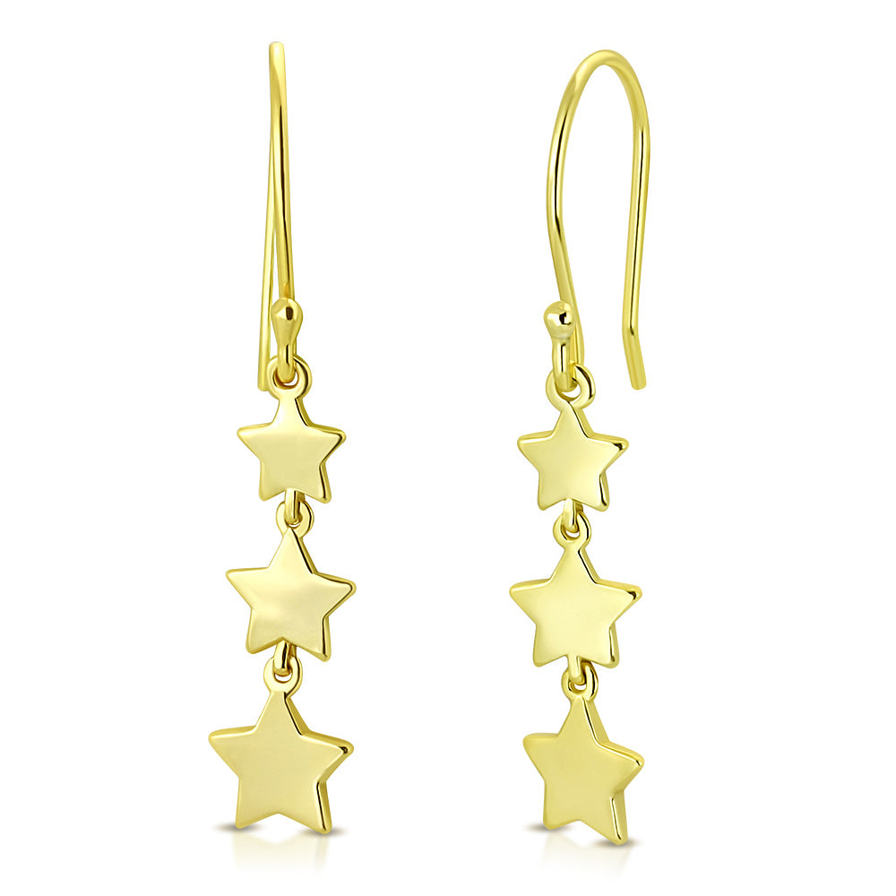 925 Sterling Silver Yellow Gold-Tone Three Stars Drop Dangle Earrings
