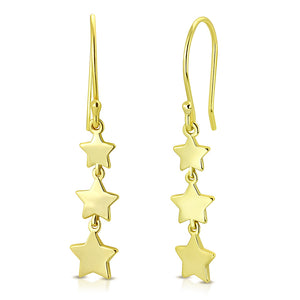 925 Sterling Silver Yellow Gold-Tone Three Stars Drop Dangle Earrings