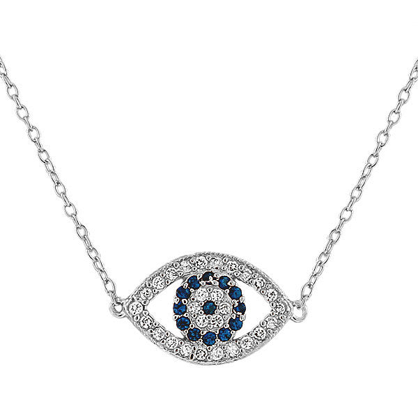 925 Sterling Silver Hamsa Evil Eye Blue White CZ Pendant Necklace with Chain
