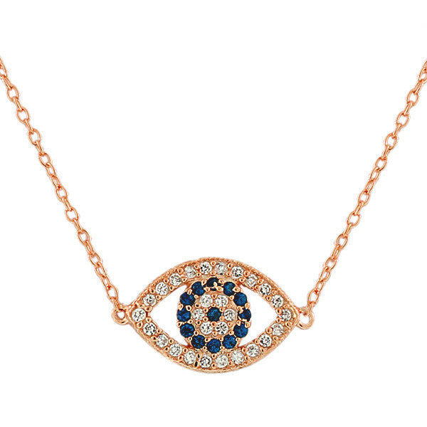 925 Sterling Silver Rose Gold-Tone Hamsa Evil Eye Blue White CZ Pendant Necklace with Chain