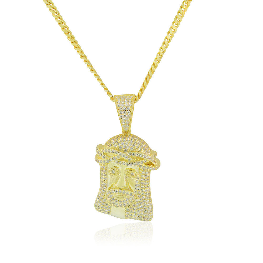 925 Sterling Silver Yellow Gold-Tone Large Hip-Hop Religious Jesus Mens Pendant Necklace, 30"