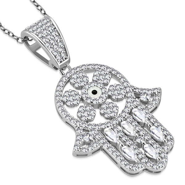 925 Sterling Silver CZ Hamsa Good Luck Pendant Necklace