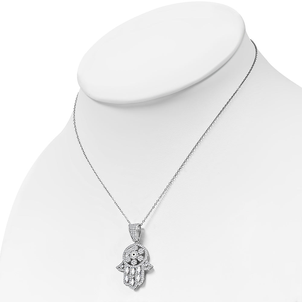925 Sterling Silver CZ Hamsa Good Luck Pendant Necklace