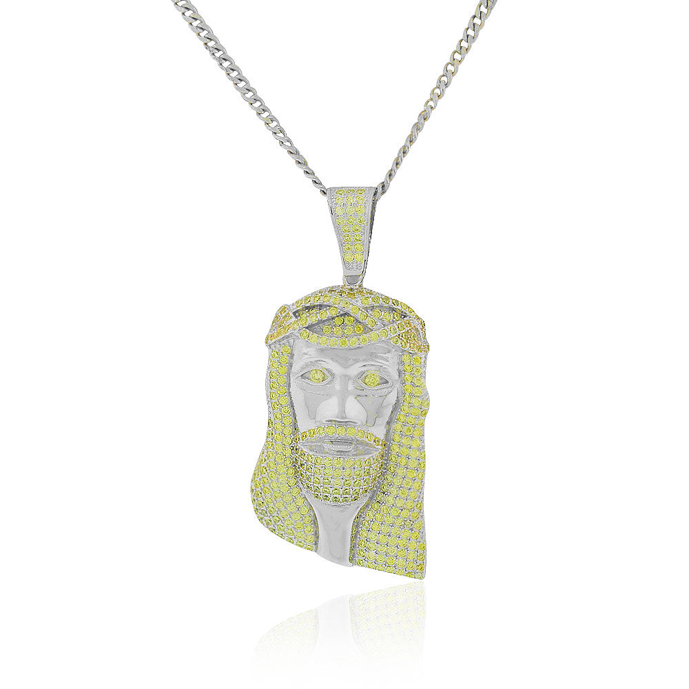 925 Sterling Silver Large Hip-Hop Clear Yellow CZ Religious Jesus Mens Pendant Necklace, 36"