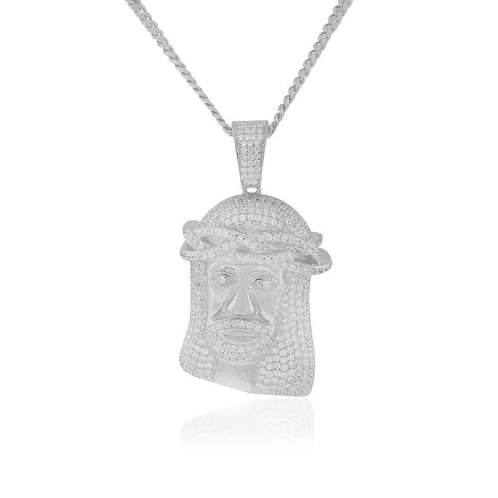925 Sterling Silver Large Hip-Hop Clear CZ Religious Jesus Mens Pendant Necklace, 30"