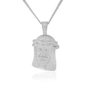 925 Sterling Silver Large Hip-Hop Clear CZ Religious Jesus Mens Pendant Necklace, 30"