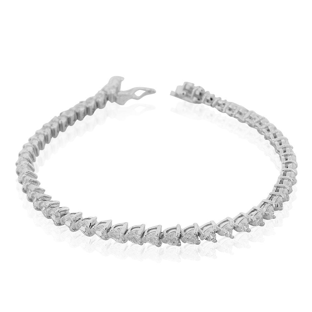 925 Sterling Silver White Clear CZ Love Heart CZ Tennis Bracelet, 7"