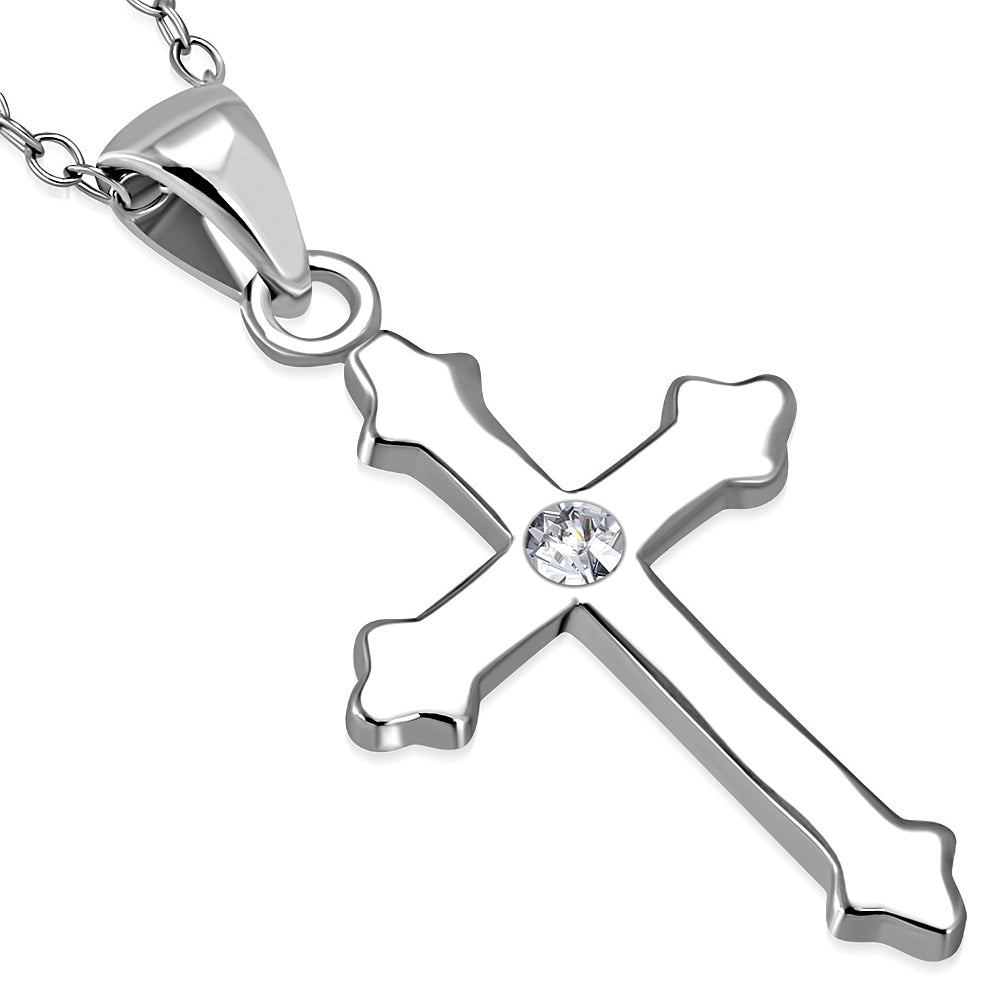Budded Solitare CZ Cross Necklace Pendant Sterling Silver