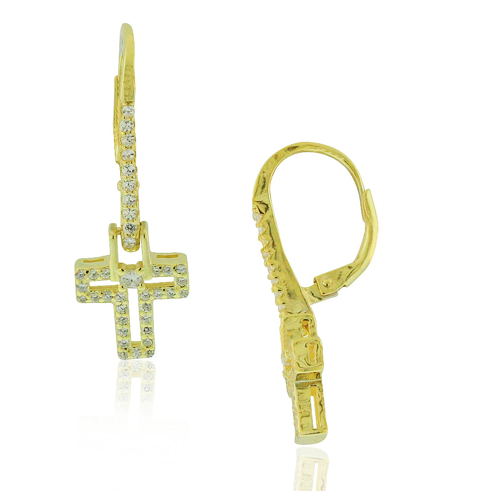 925 Sterling Silver Yellow Gold-Tone White Clear CZ Religious Cross Drop Dangle Earrings, 1.15"