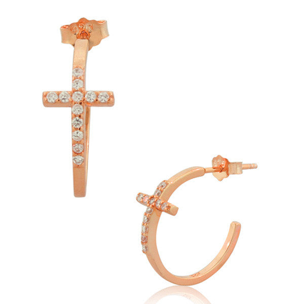 925 Sterling Silver Rose Gold-Tone White Round CZ Religious Latin Cross Womens Half Hoop Earrings
