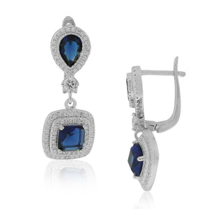 925 Sterling Silver Square Teardrop Blue Sapphire-Tone CZ Drop Dangle Earrings, 1.15"
