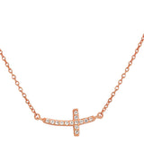 925 Sterling Silver Rose Gold-Tone Womens Sideways Religious Cross White CZ Pendant Necklace
