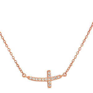 925 Sterling Silver Rose Gold-Tone Womens Sideways Religious Cross White CZ Pendant Necklace