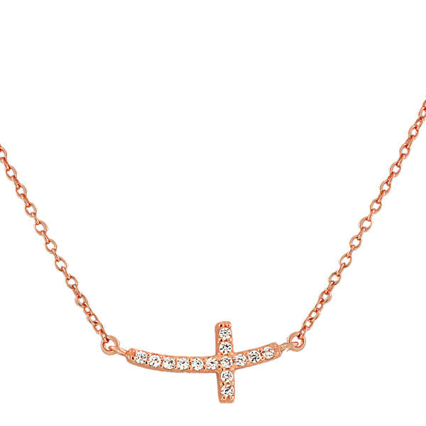 925 Sterling Silver Rose Gold-Tone Womens Sideways Religious Cross White CZ Pendant Necklace