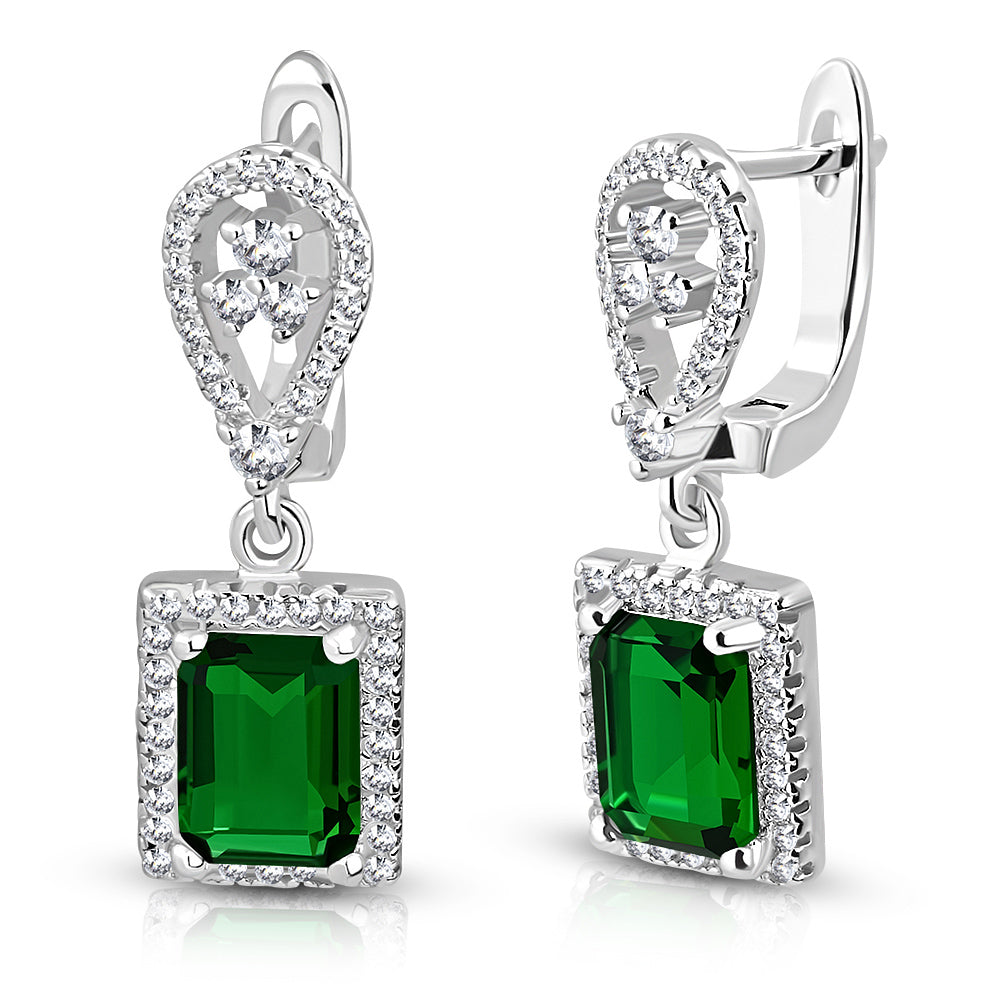 925 Sterling Silver Rectangular Green Emerald-Tone CZ Drop Dangle Earrings, 1"