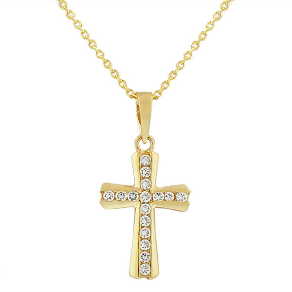 925 Sterling Silver Yellow Gold-Tone Womens Religious Cross White CZ Pendant Necklace Chain