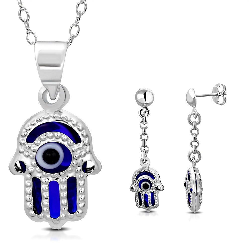 925 Sterling Silver Blue Hamsa Evil Eye Good Luck Earrings Pendant Necklace Set