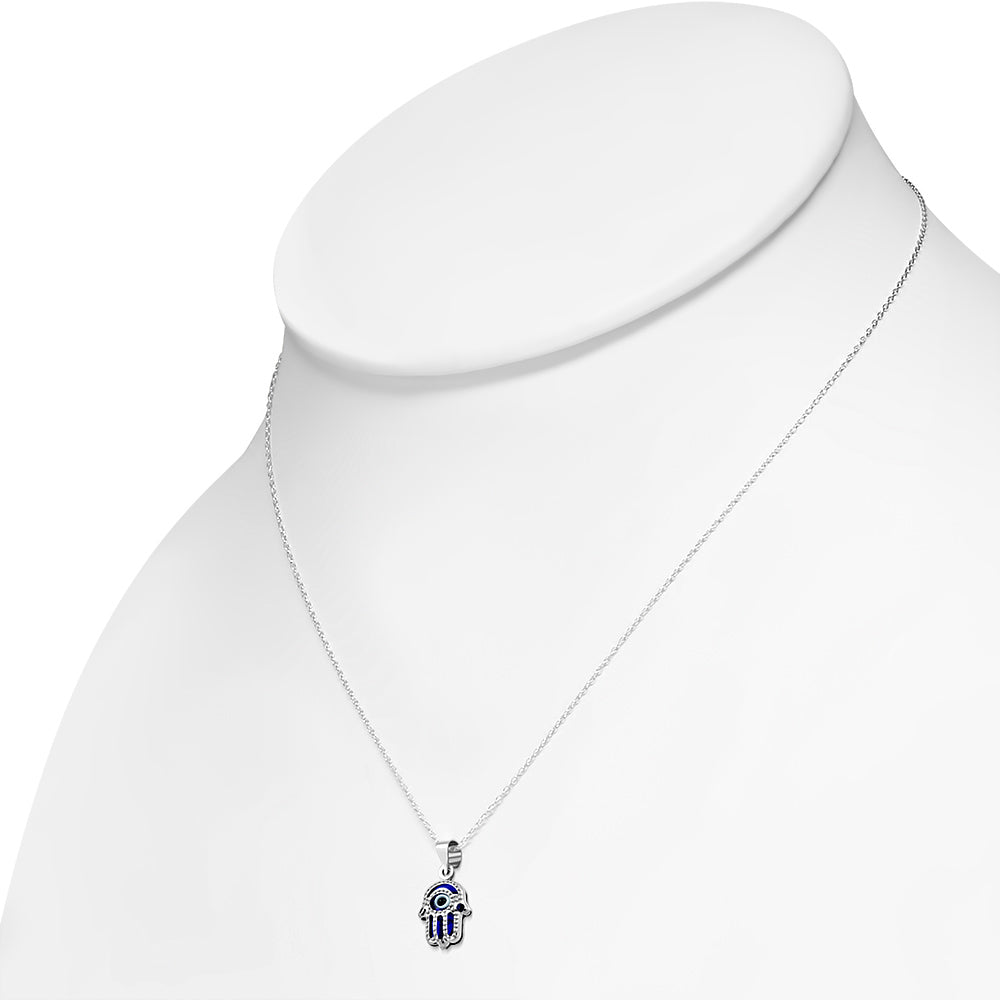 925 Sterling Silver Blue Hamsa Evil Eye Good Luck Earrings Pendant Necklace Set