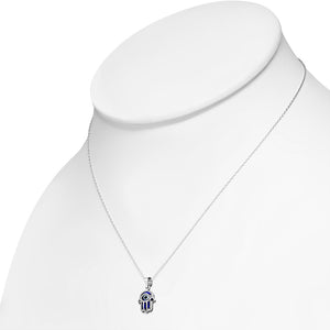 925 Sterling Silver Blue Hamsa Evil Eye Good Luck Earrings Pendant Necklace Set