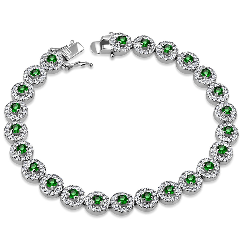 925 Sterling Silver White Clear Green Emerald-Tone CZ Tennis Bracelet, 7.25"