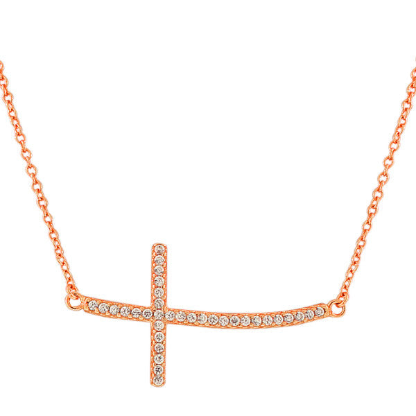 925 Sterling Silver Rose Gold-Tone Womens Sideways Religious Cross White CZ Pendant Necklace