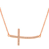 925 Sterling Silver Rose Gold-Tone Womens Sideways Religious Cross White CZ Pendant Necklace