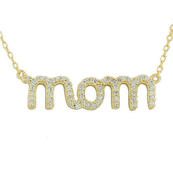 925 Sterling Silver Yellow Gold-Tone Mom Mother Charm White CZ Pendant Necklace with Chain